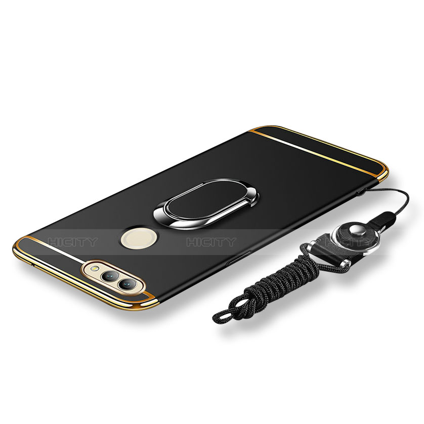 Funda Bumper Lujo Marco de Metal y Plastico Carcasa con Anillo de dedo Soporte y Lanyard para Huawei Nova 2 Plus Negro