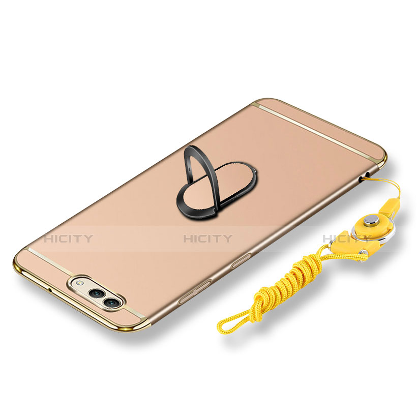 Funda Bumper Lujo Marco de Metal y Plastico Carcasa con Anillo de dedo Soporte y Lanyard para Huawei Nova 2S Oro