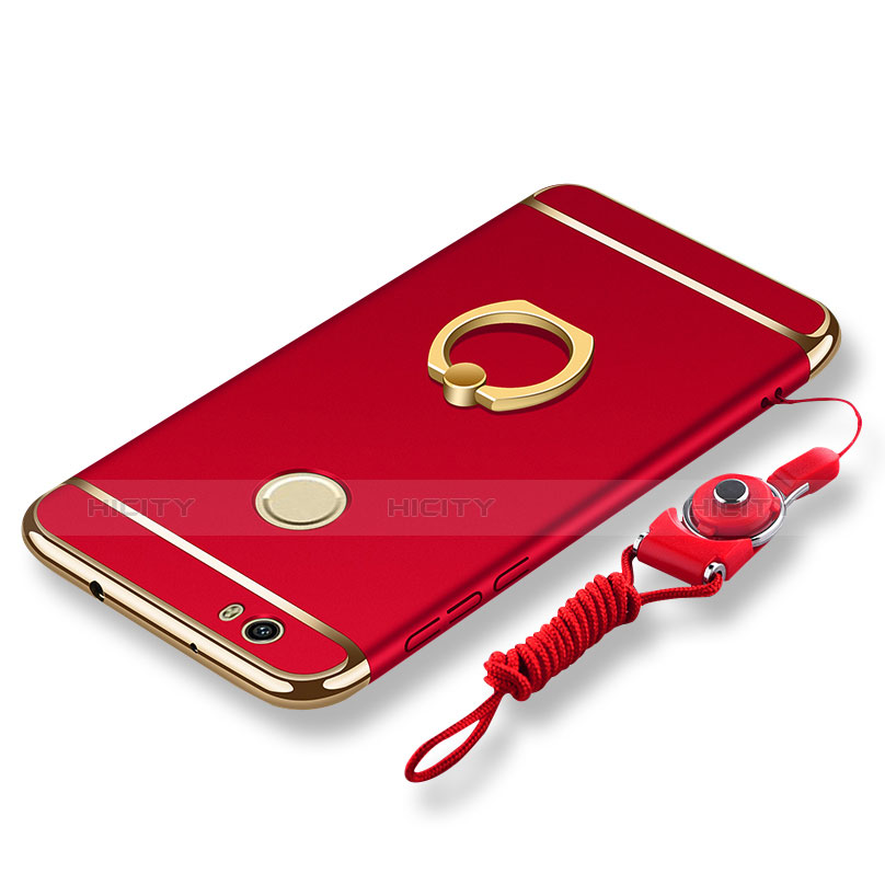 Funda Bumper Lujo Marco de Metal y Plastico Carcasa con Anillo de dedo Soporte y Lanyard para Huawei Nova Rojo