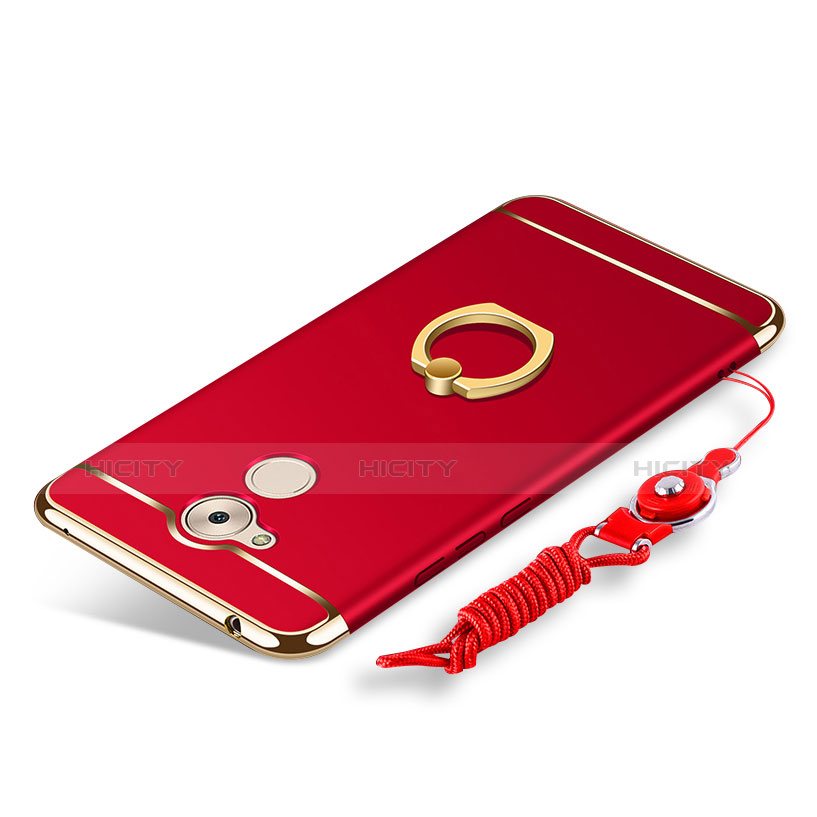 Funda Bumper Lujo Marco de Metal y Plastico Carcasa con Anillo de dedo Soporte y Lanyard para Huawei Nova Smart Rojo