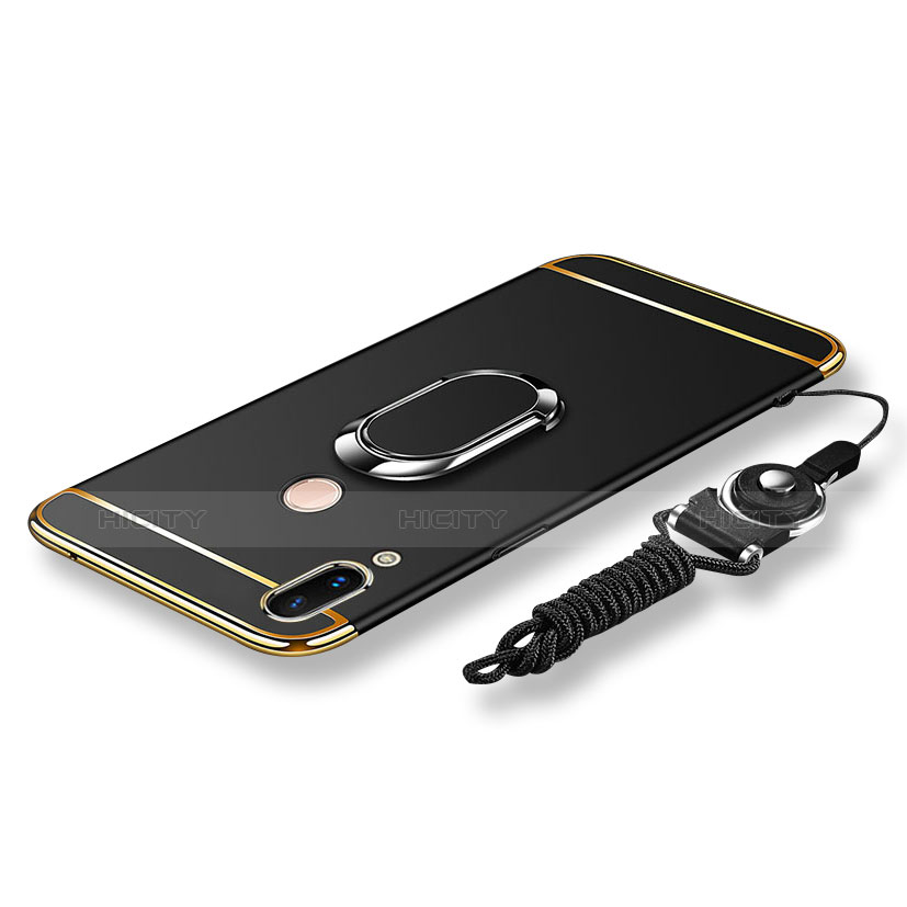 Funda Bumper Lujo Marco de Metal y Plastico Carcasa con Anillo de dedo Soporte y Lanyard para Huawei P20 Lite Negro