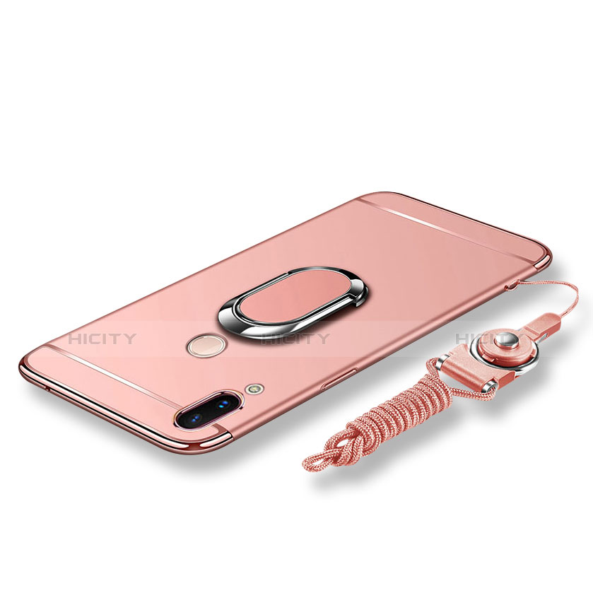 Funda Bumper Lujo Marco de Metal y Plastico Carcasa con Anillo de dedo Soporte y Lanyard para Huawei P20 Lite Oro Rosa