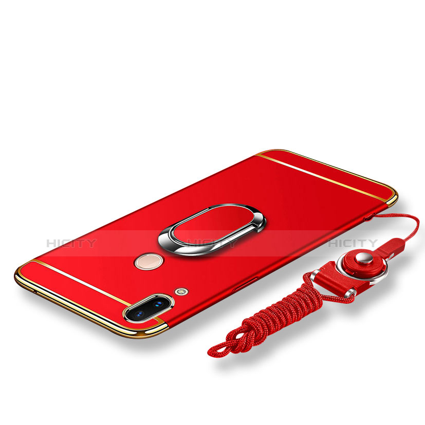 Funda Bumper Lujo Marco de Metal y Plastico Carcasa con Anillo de dedo Soporte y Lanyard para Huawei P20 Lite Rojo