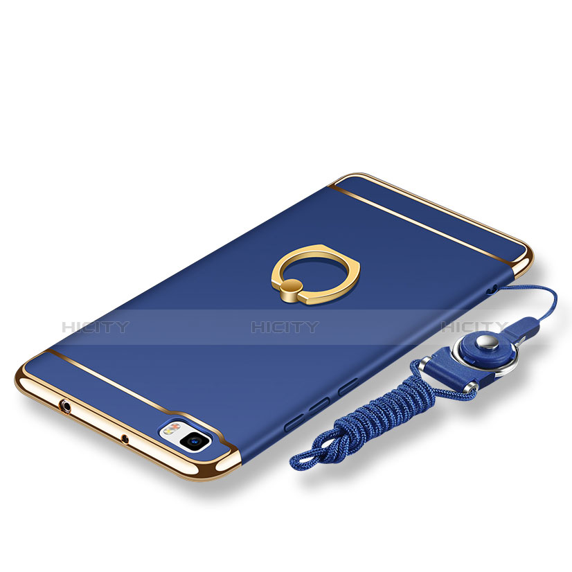 Funda Bumper Lujo Marco de Metal y Plastico Carcasa con Anillo de dedo Soporte y Lanyard para Huawei P8 Lite Azul