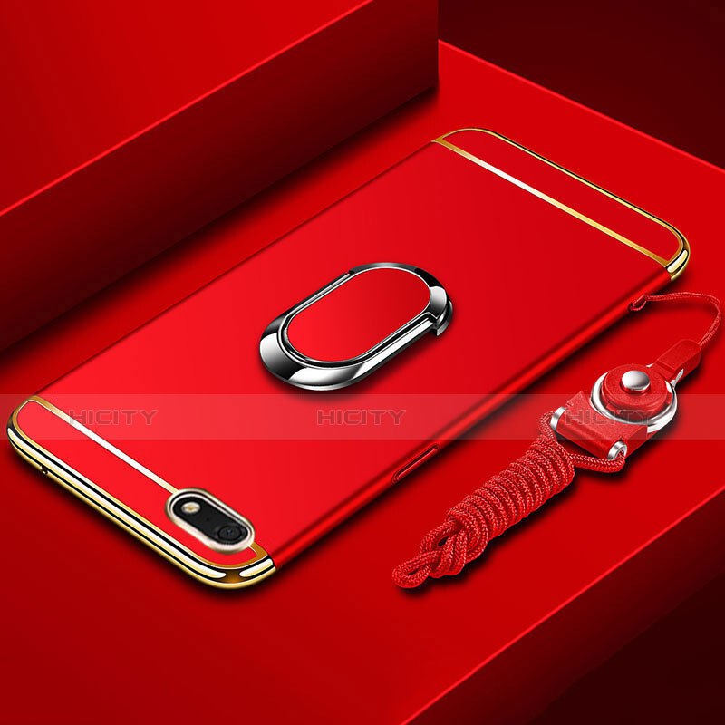 Funda Bumper Lujo Marco de Metal y Plastico Carcasa con Anillo de dedo Soporte y Lanyard para Huawei Y5 (2018) Rojo