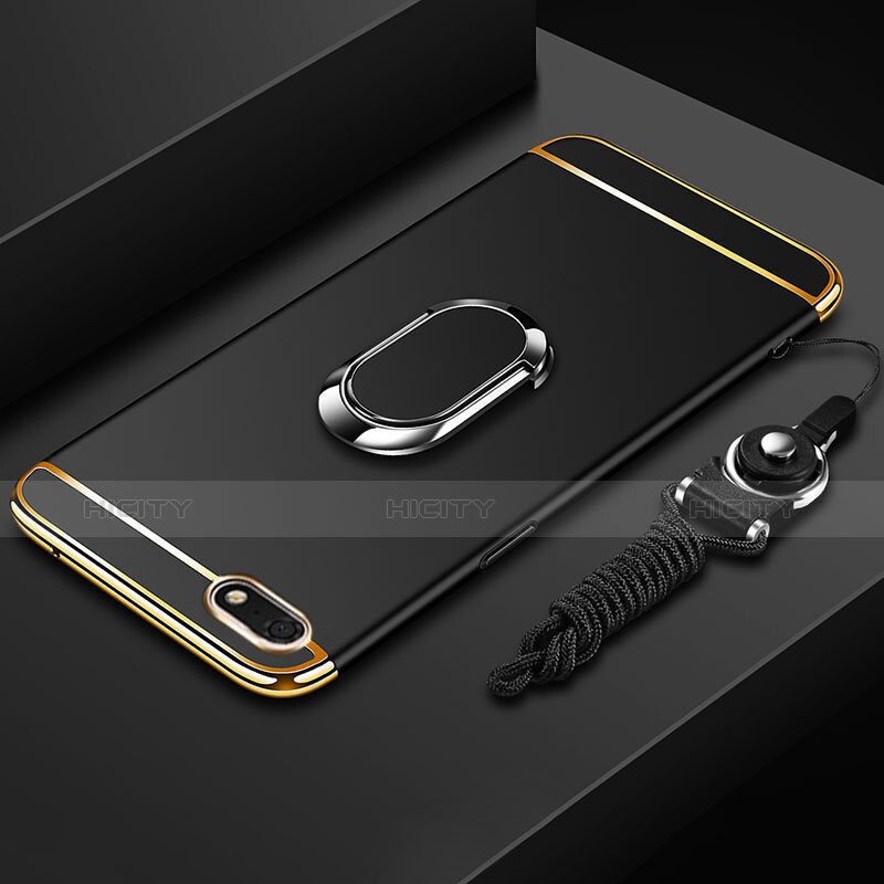 Funda Bumper Lujo Marco de Metal y Plastico Carcasa con Anillo de dedo Soporte y Lanyard para Huawei Y5 Prime (2018)