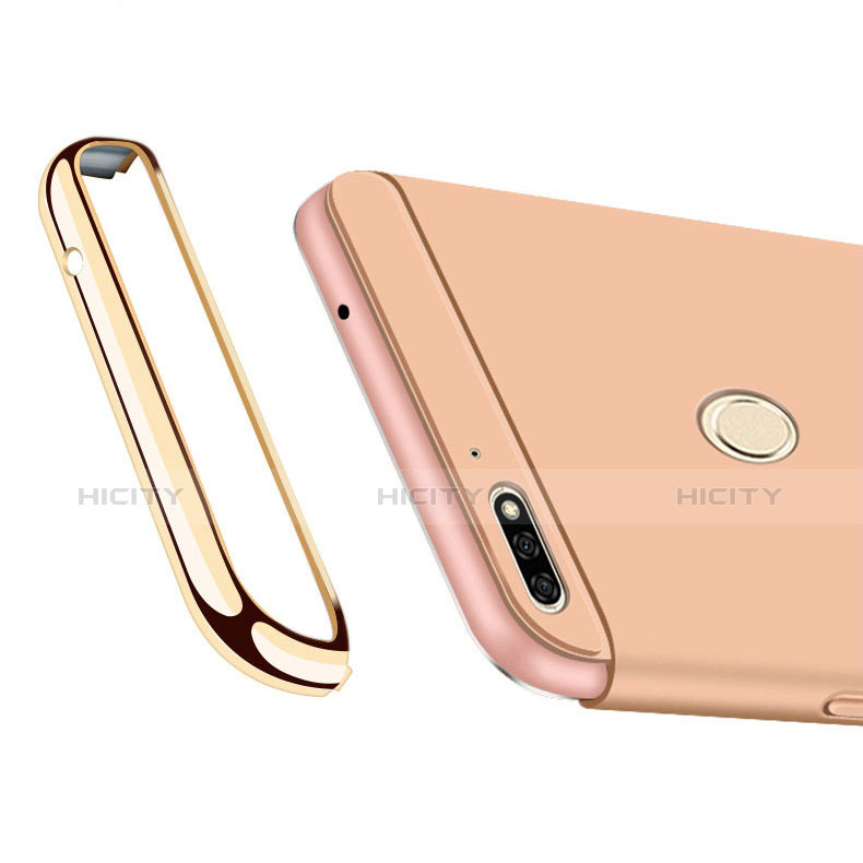 Funda Bumper Lujo Marco de Metal y Plastico Carcasa con Anillo de dedo Soporte y Lanyard para Huawei Y7 (2018)