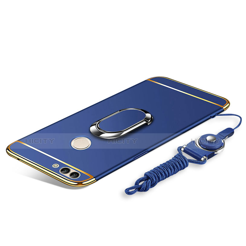 Funda Bumper Lujo Marco de Metal y Plastico Carcasa con Anillo de dedo Soporte y Lanyard para Huawei Y9 (2018) Azul