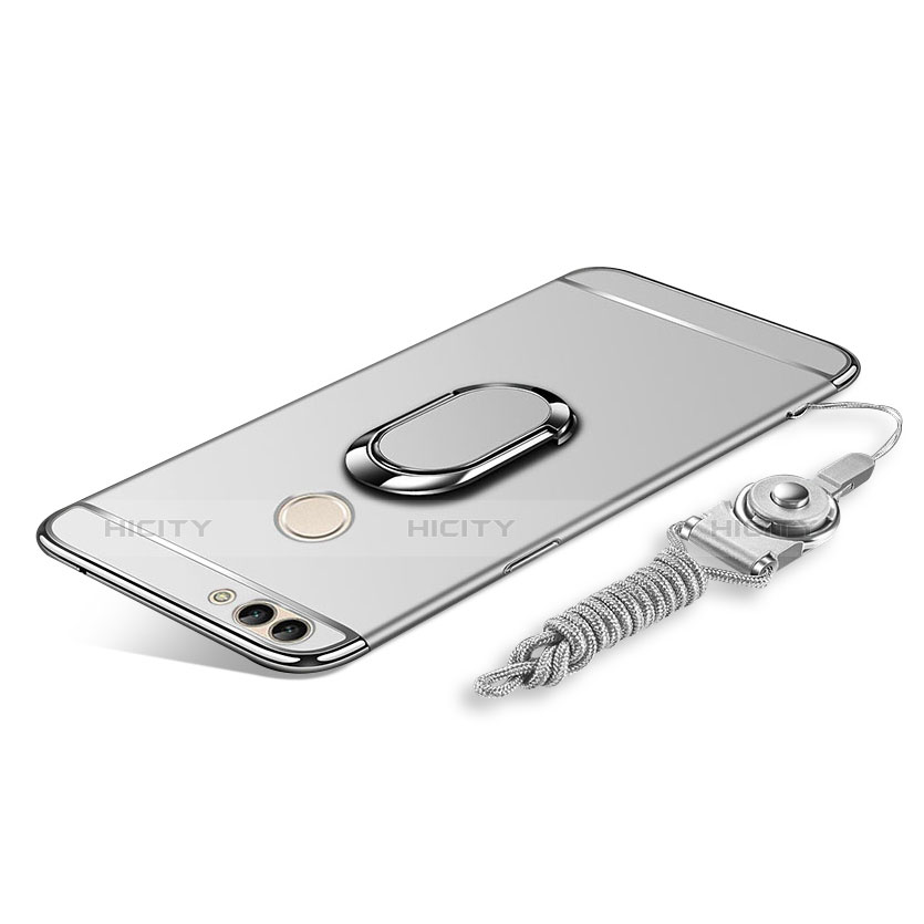 Funda Bumper Lujo Marco de Metal y Plastico Carcasa con Anillo de dedo Soporte y Lanyard para Huawei Y9 (2018) Plata