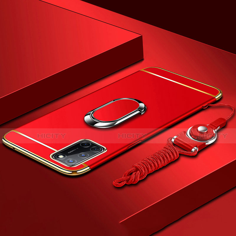 Funda Bumper Lujo Marco de Metal y Plastico Carcasa con Anillo de dedo Soporte y Lanyard para Oppo A52 Rojo