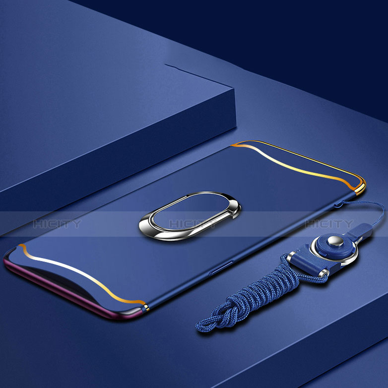 Funda Bumper Lujo Marco de Metal y Plastico Carcasa con Anillo de dedo Soporte y Lanyard para Oppo Find X Azul