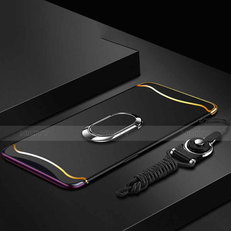 Funda Bumper Lujo Marco de Metal y Plastico Carcasa con Anillo de dedo Soporte y Lanyard para Oppo Find X Negro