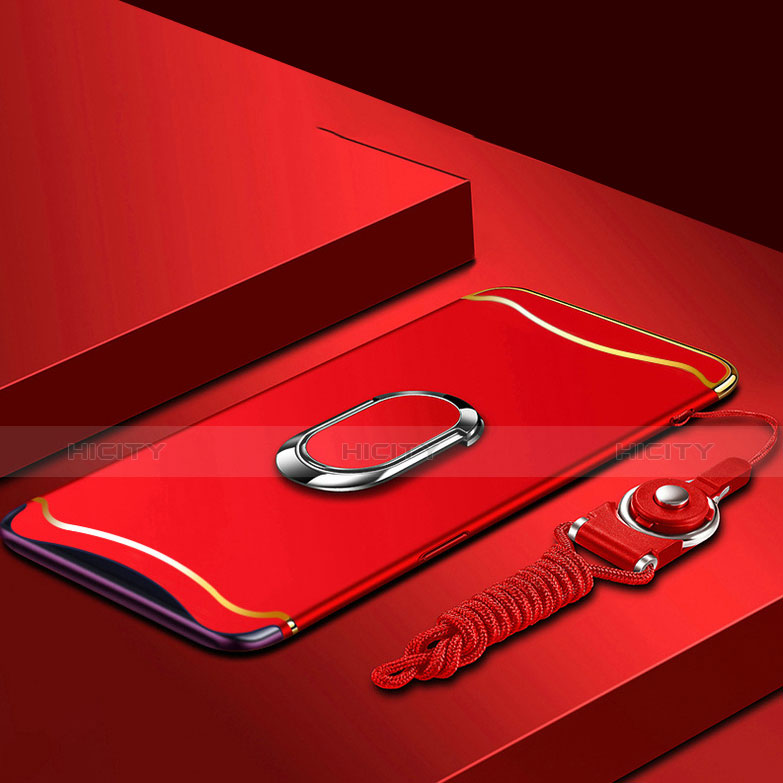 Funda Bumper Lujo Marco de Metal y Plastico Carcasa con Anillo de dedo Soporte y Lanyard para Oppo Find X Super Flash Edition Rojo