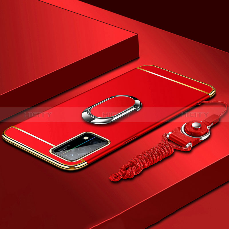 Funda Bumper Lujo Marco de Metal y Plastico Carcasa con Anillo de dedo Soporte y Lanyard para Oppo K9 5G Rojo