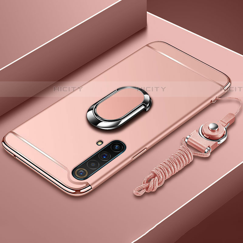 Funda Bumper Lujo Marco de Metal y Plastico Carcasa con Anillo de dedo Soporte y Lanyard para Realme X50 5G Oro Rosa