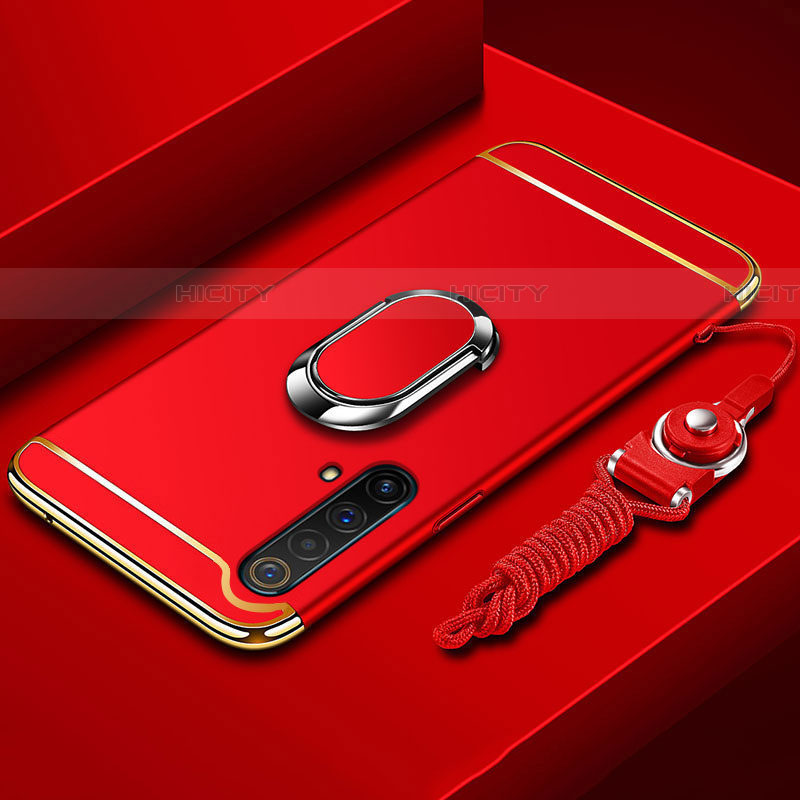 Funda Bumper Lujo Marco de Metal y Plastico Carcasa con Anillo de dedo Soporte y Lanyard para Realme X50t 5G Rojo