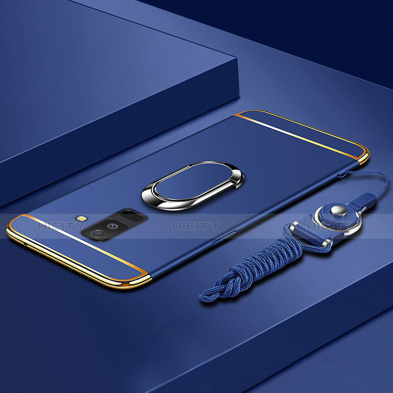 Funda Bumper Lujo Marco de Metal y Plastico Carcasa con Anillo de dedo Soporte y Lanyard para Samsung Galaxy A6 Plus (2018) Azul