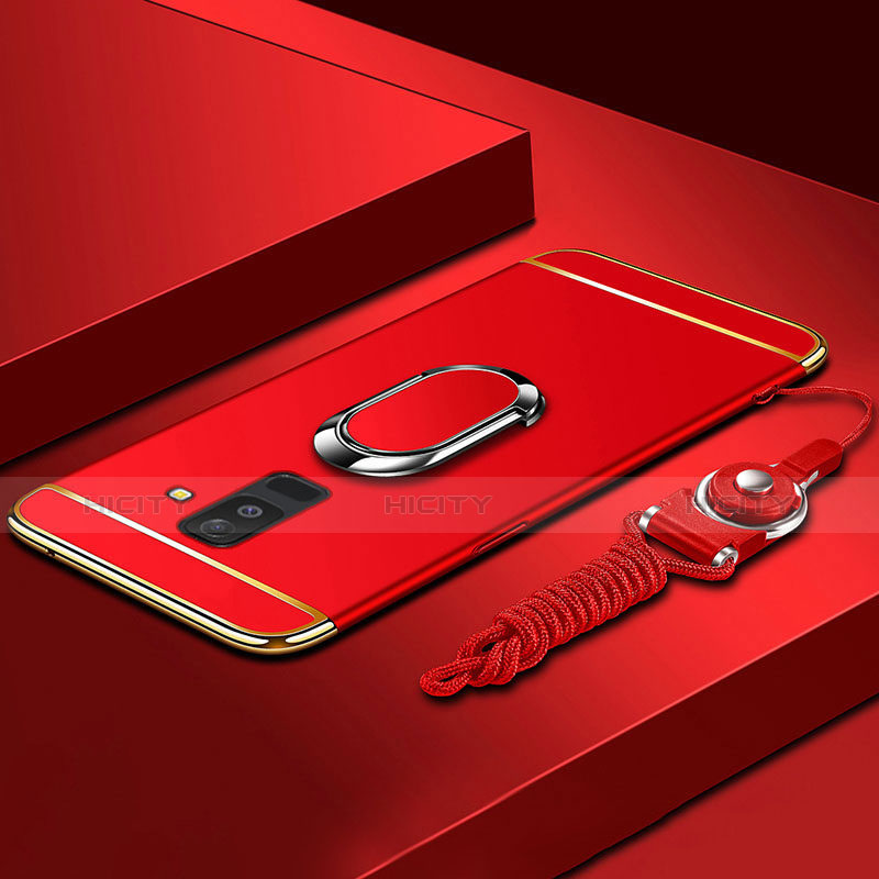 Funda Bumper Lujo Marco de Metal y Plastico Carcasa con Anillo de dedo Soporte y Lanyard para Samsung Galaxy A6 Plus Rojo