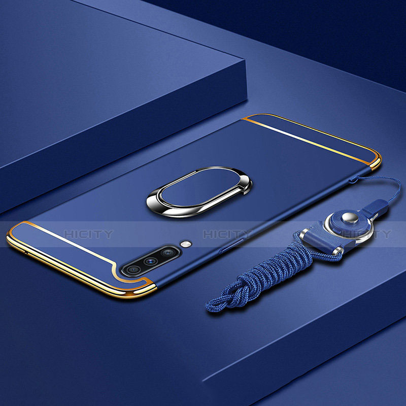 Funda Bumper Lujo Marco de Metal y Plastico Carcasa con Anillo de dedo Soporte y Lanyard para Samsung Galaxy A70 Azul