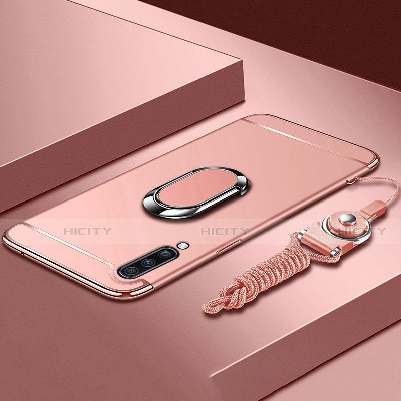 Funda Bumper Lujo Marco de Metal y Plastico Carcasa con Anillo de dedo Soporte y Lanyard para Samsung Galaxy A70 Oro Rosa