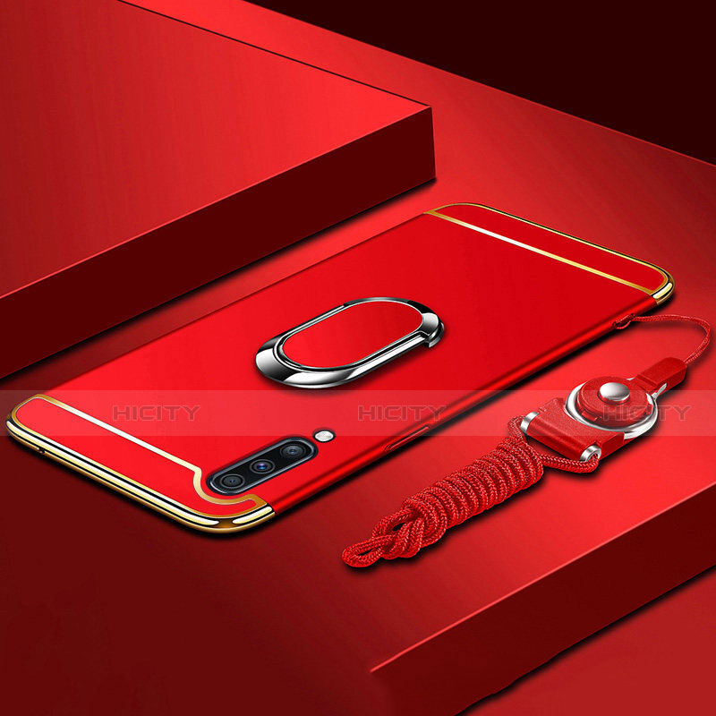 Funda Bumper Lujo Marco de Metal y Plastico Carcasa con Anillo de dedo Soporte y Lanyard para Samsung Galaxy A70 Rojo