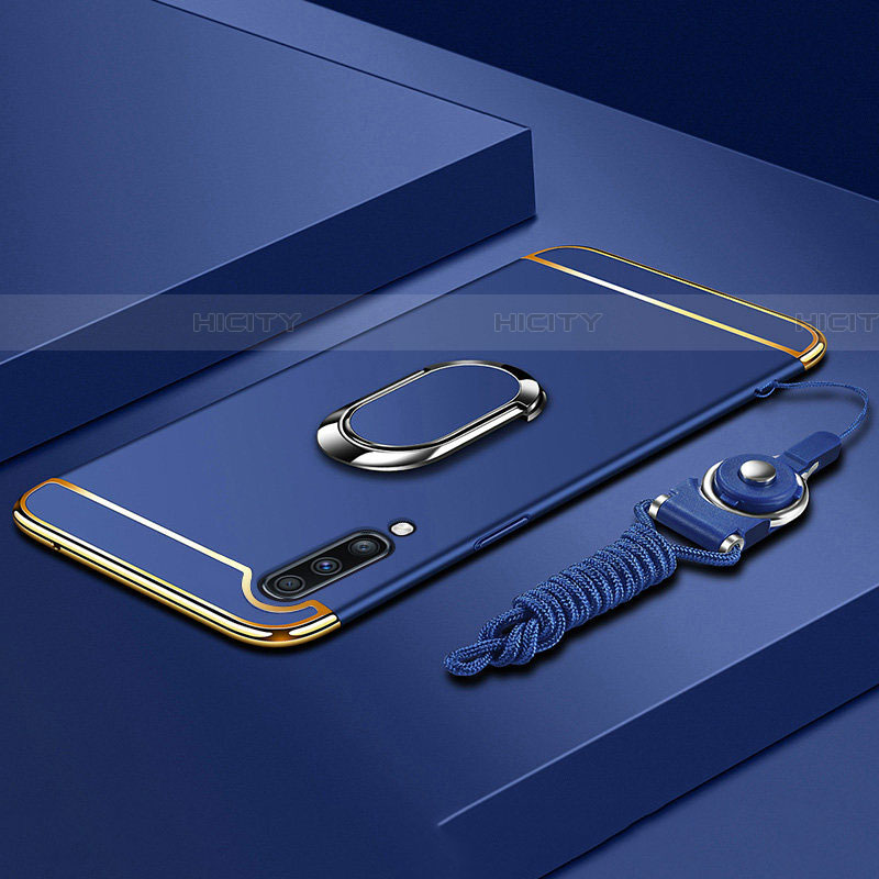 Funda Bumper Lujo Marco de Metal y Plastico Carcasa con Anillo de dedo Soporte y Lanyard para Samsung Galaxy A70S Azul