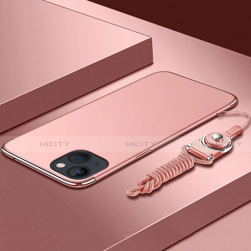 Funda Bumper Lujo Marco de Metal y Plastico Carcasa con Lanyard para Apple iPhone 13 Mini Oro Rosa