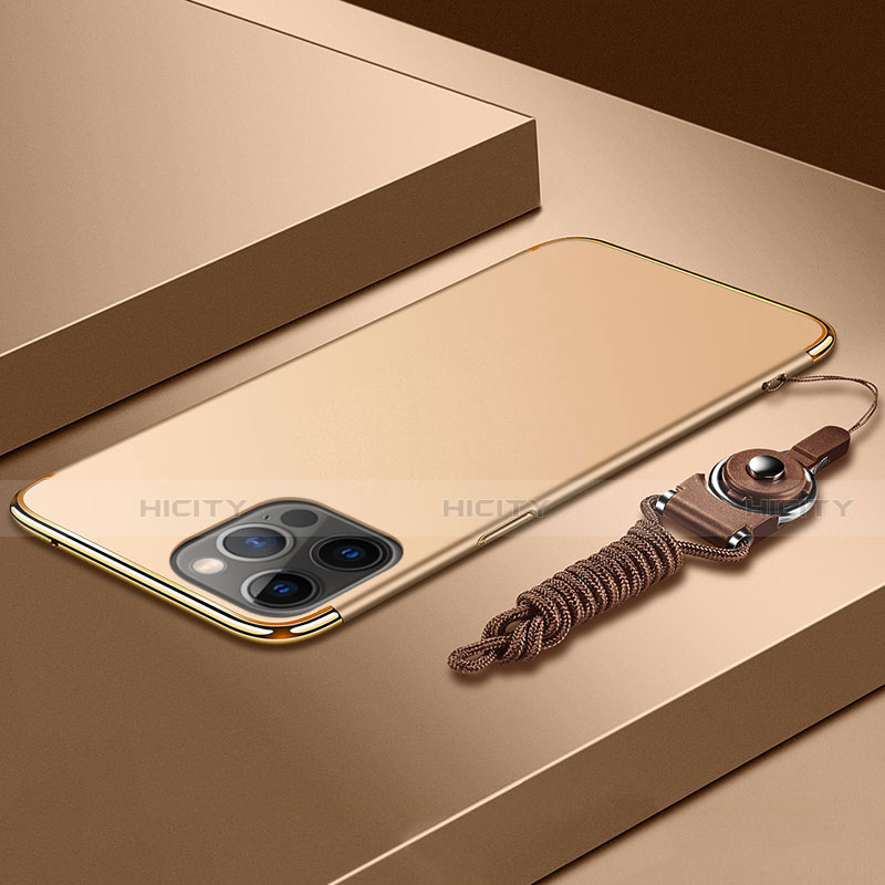 Funda Bumper Lujo Marco de Metal y Plastico Carcasa con Lanyard para Apple iPhone 13 Pro Oro