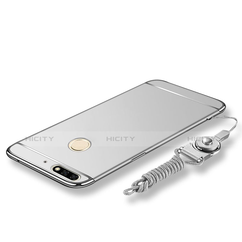 Funda Bumper Lujo Marco de Metal y Plastico Carcasa con Lanyard para Huawei Enjoy 8 Plata