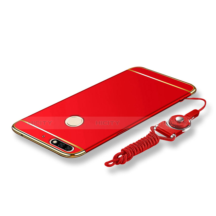 Funda Bumper Lujo Marco de Metal y Plastico Carcasa con Lanyard para Huawei Enjoy 8 Rojo