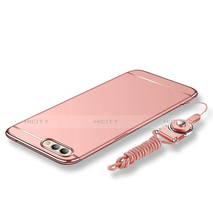 Funda Bumper Lujo Marco de Metal y Plastico Carcasa con Lanyard para Huawei Honor V10 Oro Rosa