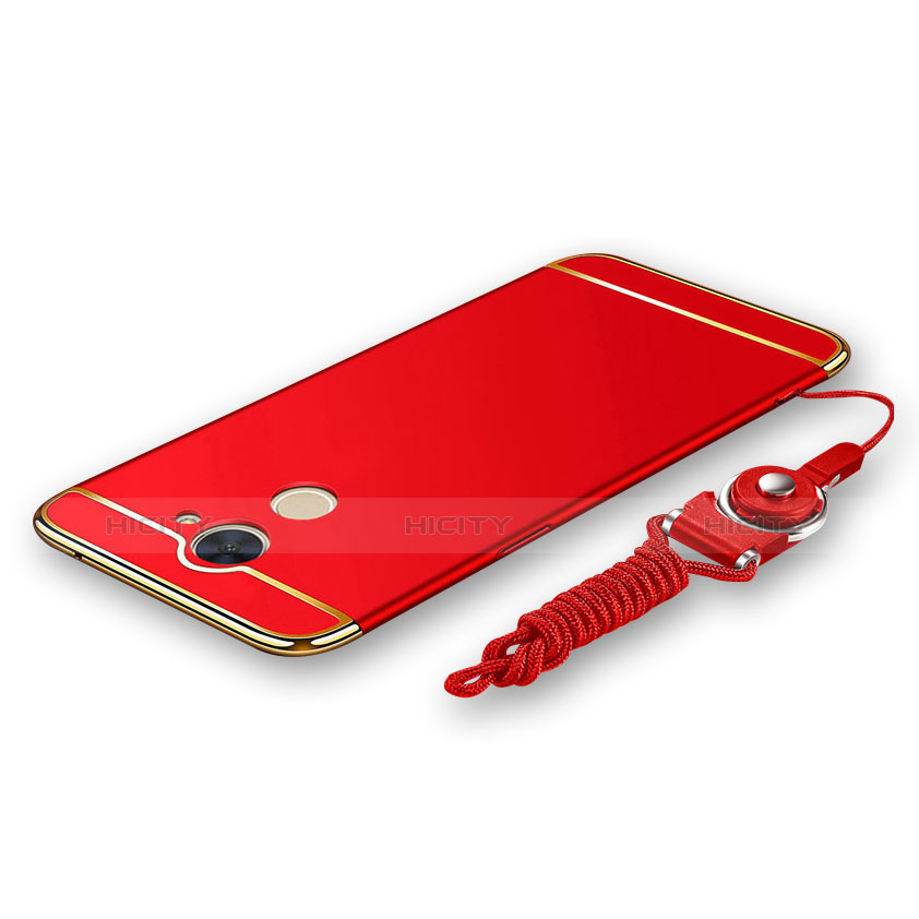 Funda Bumper Lujo Marco de Metal y Plastico Carcasa con Lanyard para Huawei Y7 Prime Rojo