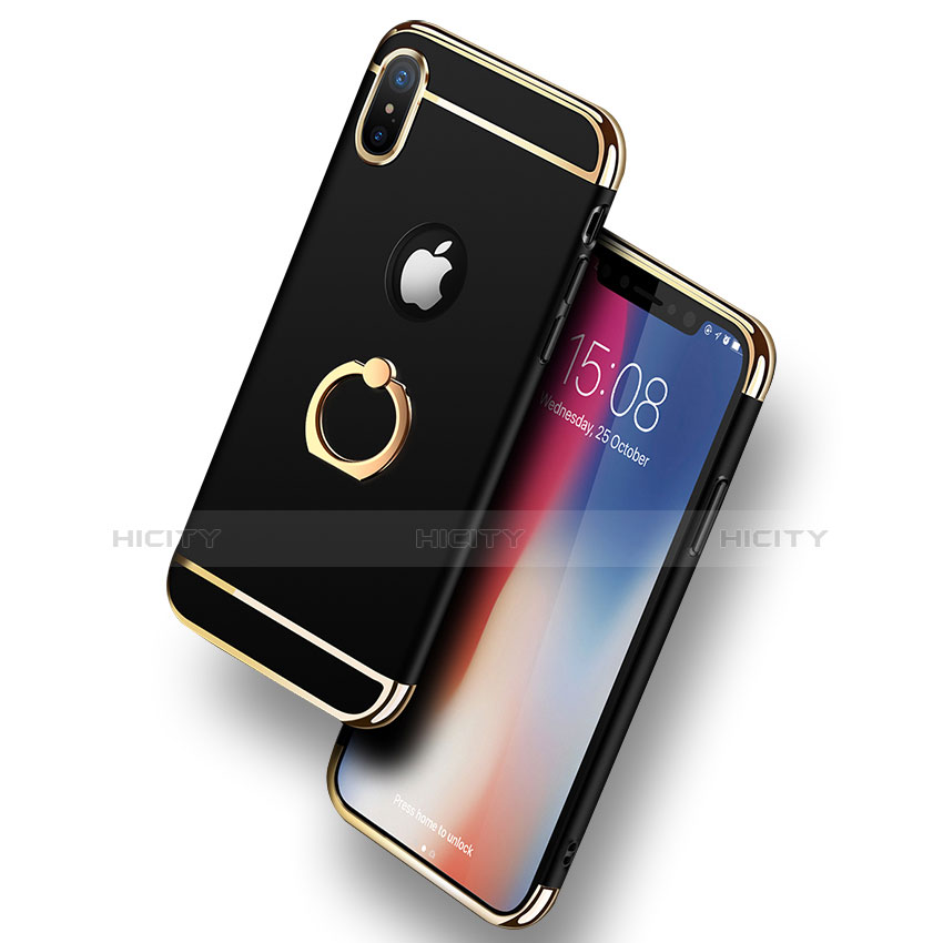 Funda Bumper Lujo Marco de Metal y Plastico con Anillo de dedo Soporte F02 para Apple iPhone Xs Negro