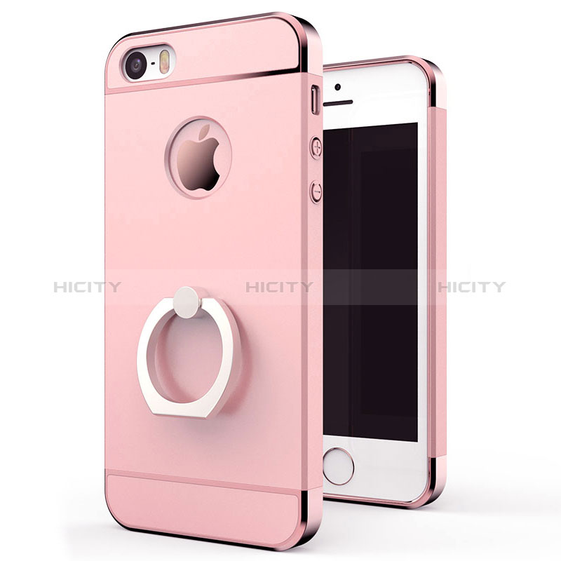 Funda Bumper Lujo Marco de Metal y Plastico con Anillo de dedo Soporte para Apple iPhone 5 Oro Rosa