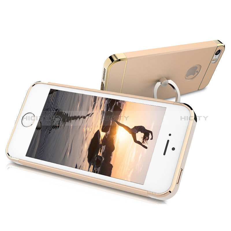 Funda Bumper Lujo Marco de Metal y Plastico con Anillo de dedo Soporte para Apple iPhone 5S Oro