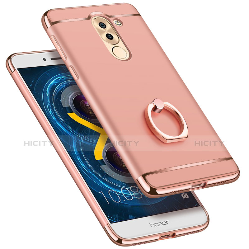 Funda Bumper Lujo Marco de Metal y Plastico con Anillo de dedo Soporte para Huawei Honor 6X Oro Rosa