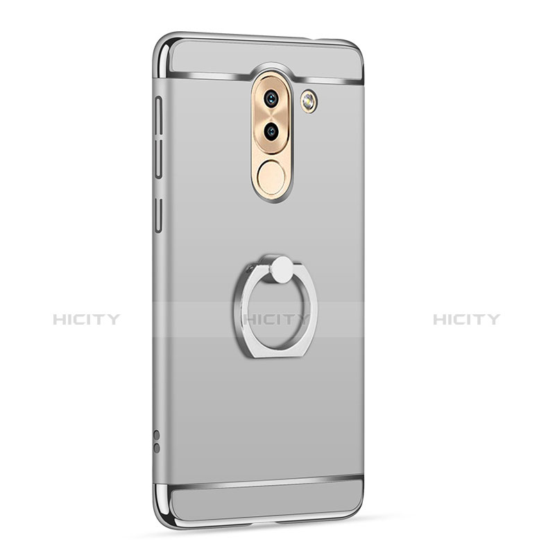 Funda Bumper Lujo Marco de Metal y Plastico con Anillo de dedo Soporte para Huawei Honor 6X Pro Plata