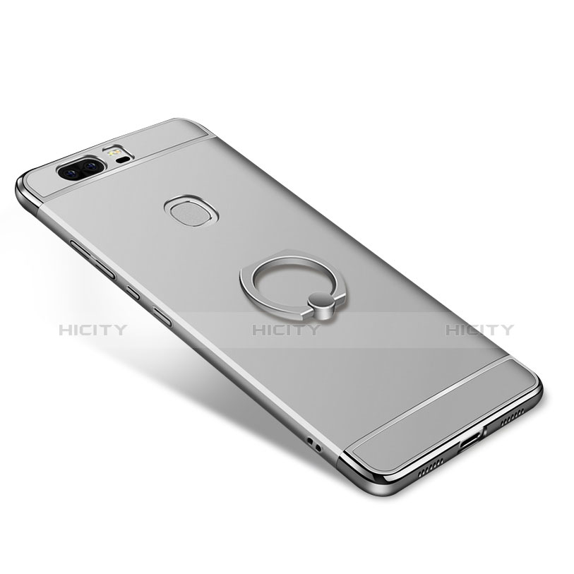 Funda Bumper Lujo Marco de Metal y Plastico con Anillo de dedo Soporte para Huawei Honor V8 Plata