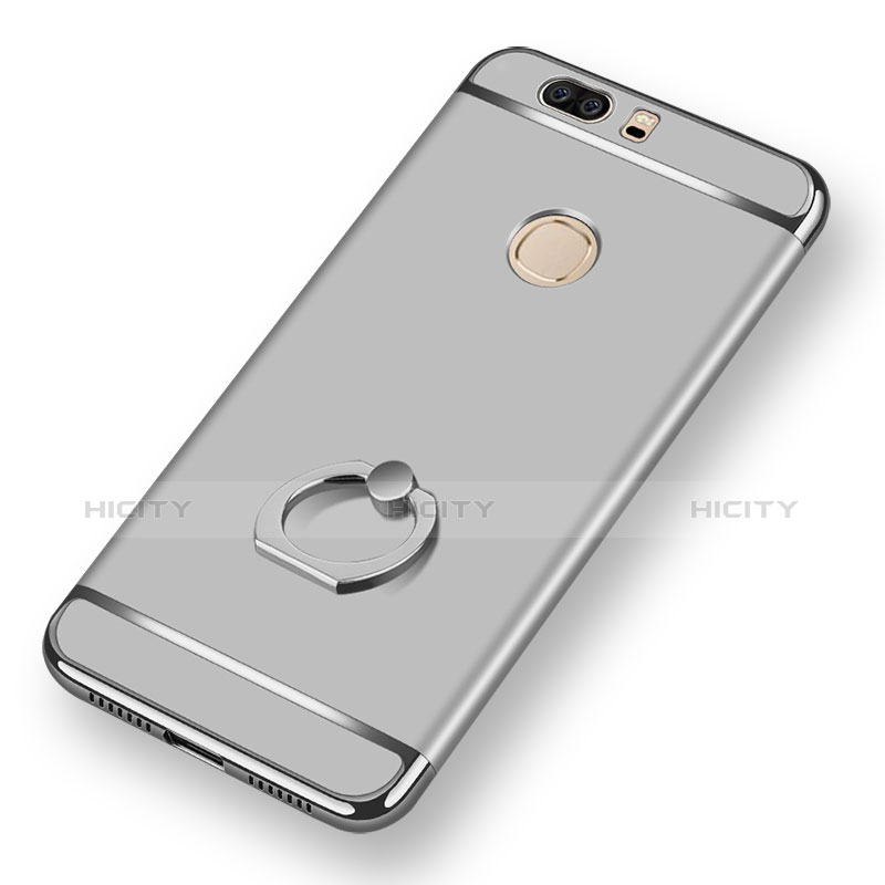 Funda Bumper Lujo Marco de Metal y Plastico con Anillo de dedo Soporte para Huawei Honor V8 Plata