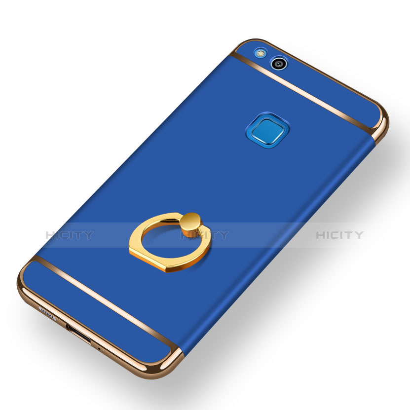 Funda Bumper Lujo Marco de Metal y Plastico con Anillo de dedo Soporte para Huawei P9 Lite (2017) Azul