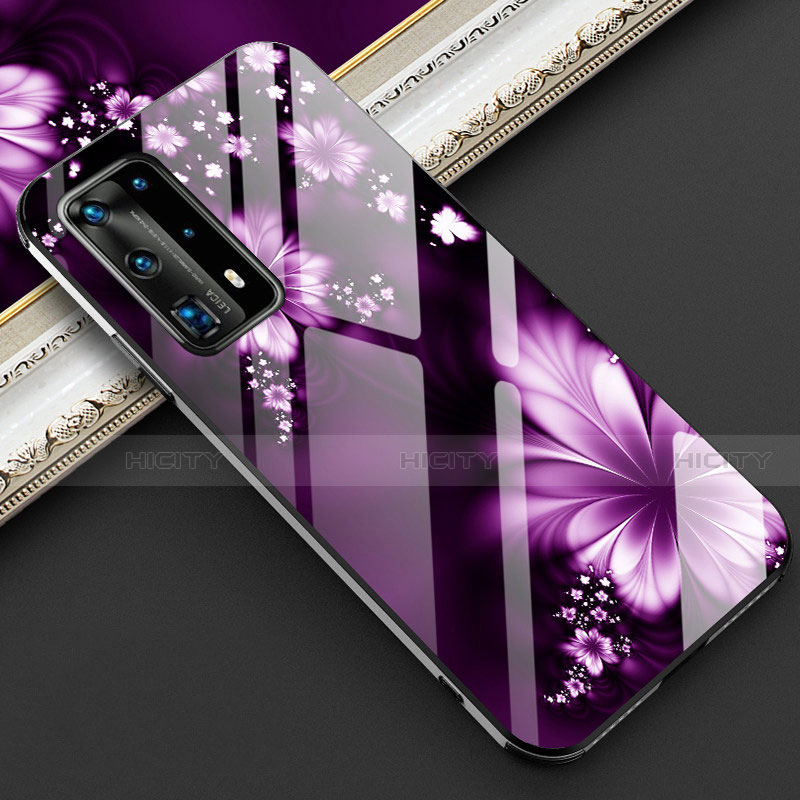 Funda Bumper Silicona Gel Espejo Flores Carcasa para Huawei P40 Pro+ Plus Morado