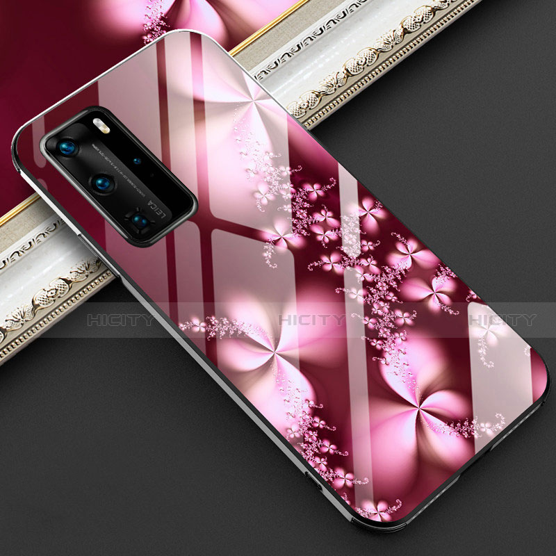 Funda Bumper Silicona Gel Espejo Flores Carcasa para Huawei P40 Pro Rojo