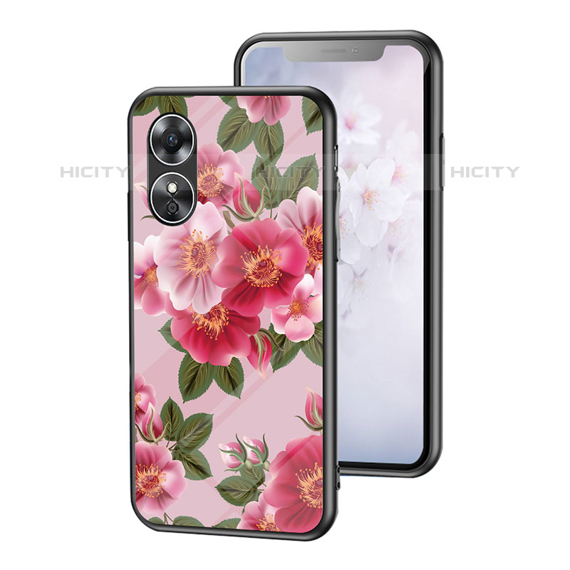 Funda Bumper Silicona Gel Espejo Flores Carcasa para Oppo A17 Rojo