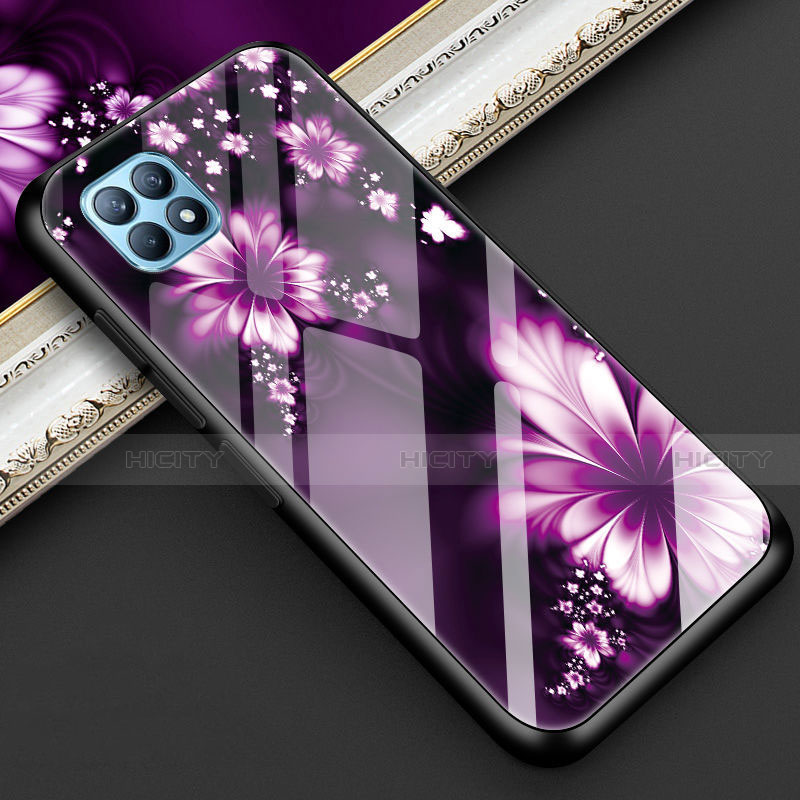 Funda Bumper Silicona Gel Espejo Flores Carcasa para Oppo Reno4 SE 5G Morado