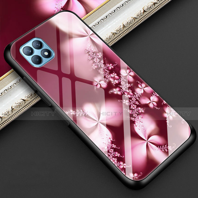 Funda Bumper Silicona Gel Espejo Flores Carcasa para Oppo Reno4 SE 5G Rojo