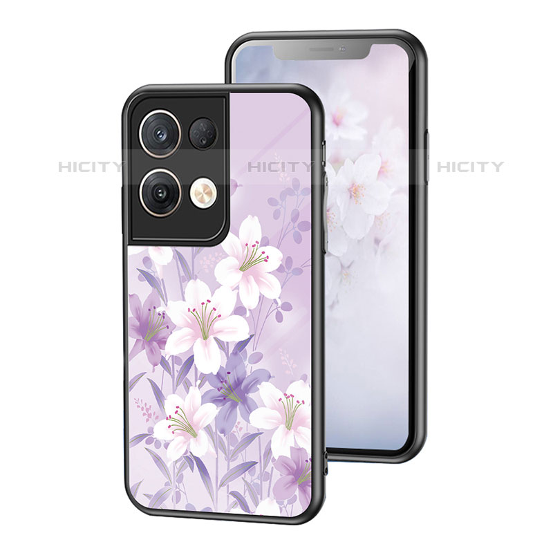 Funda Bumper Silicona Gel Espejo Flores Carcasa para Oppo Reno8 Pro 5G Purpura Claro