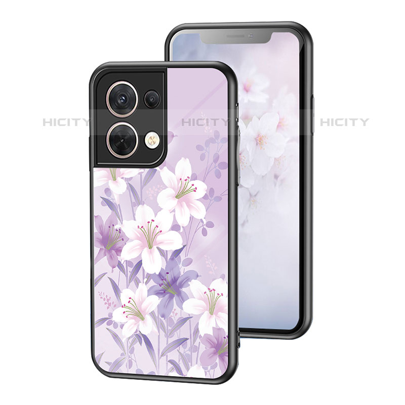 Funda Bumper Silicona Gel Espejo Flores Carcasa para Oppo Reno9 Pro 5G Purpura Claro