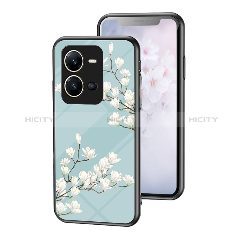 Funda Bumper Silicona Gel Espejo Flores Carcasa para Vivo V25 5G Cian