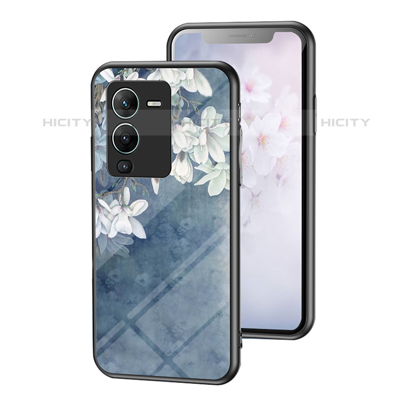 Funda Bumper Silicona Gel Espejo Flores Carcasa para Vivo V25 Pro 5G Azul