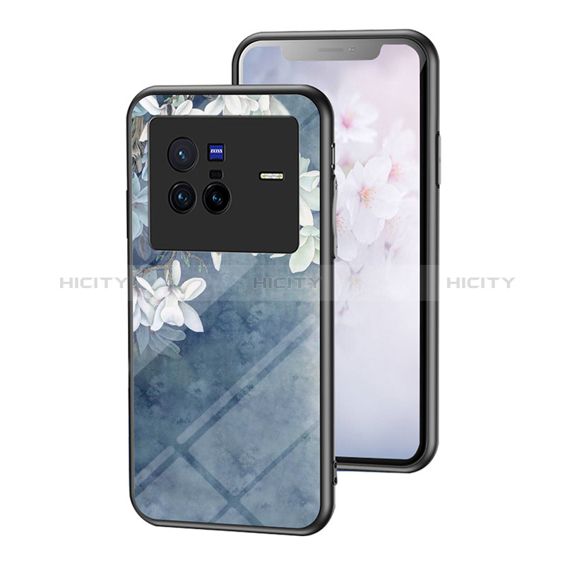 Funda Bumper Silicona Gel Espejo Flores Carcasa para Vivo X80 5G Azul